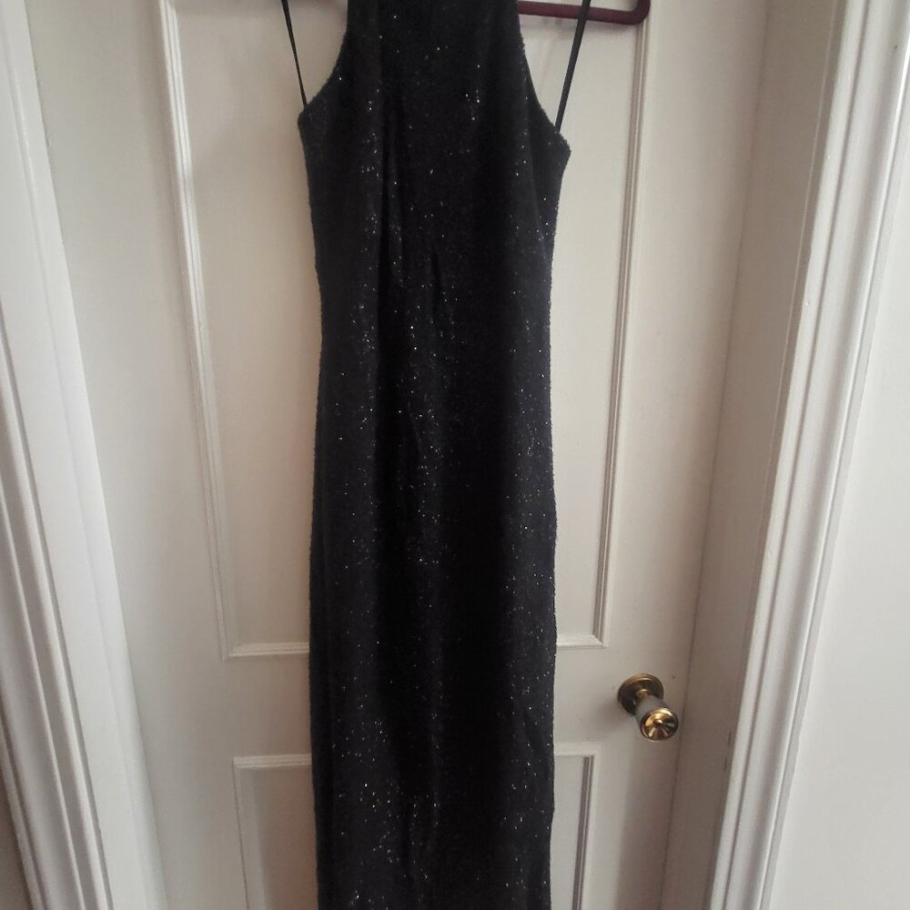 NWT JALOUZE Vintage Y2K Black Glitter High Neck Column Dress size 8